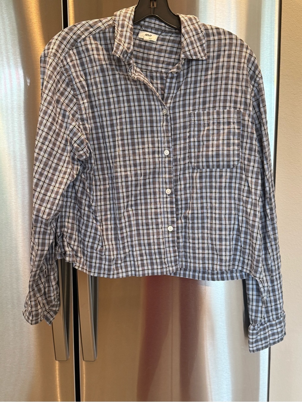 Aerie Blue and White Plaid Cropped Button Down Shirt Size Medium